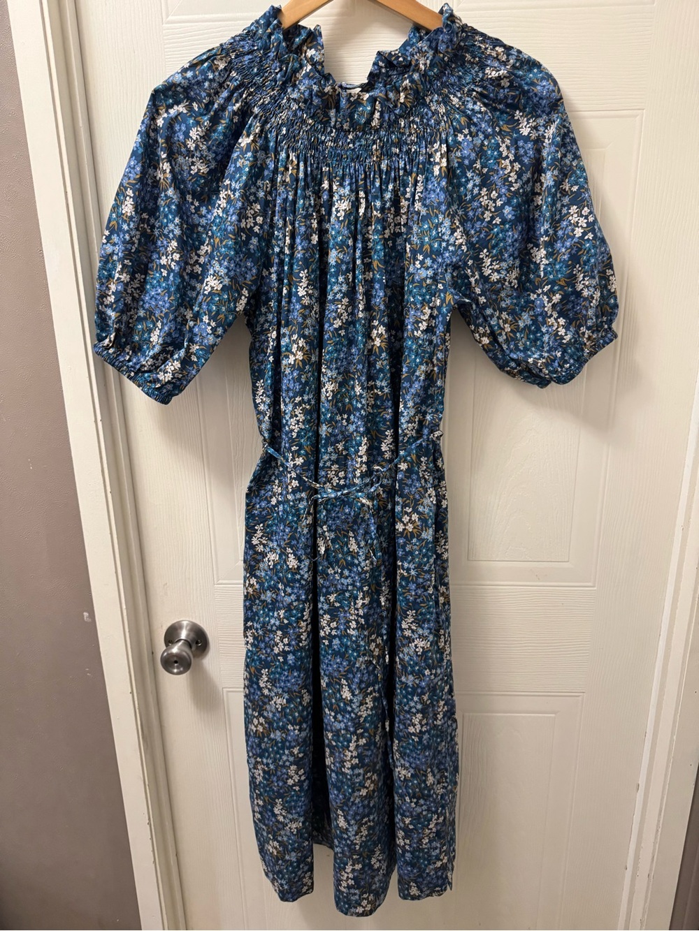 J. Crew Blue Floral Smocked Midi Dress with Puff Sleeves - Picture 2 of 9